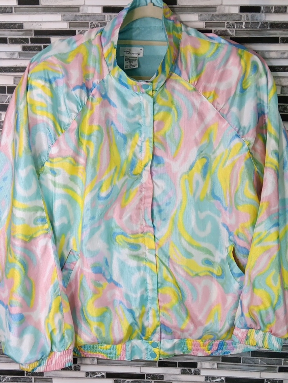 Vintage Sherbert Satin Windbreaker Full Zip Pockets Lined Padded Shoulders
